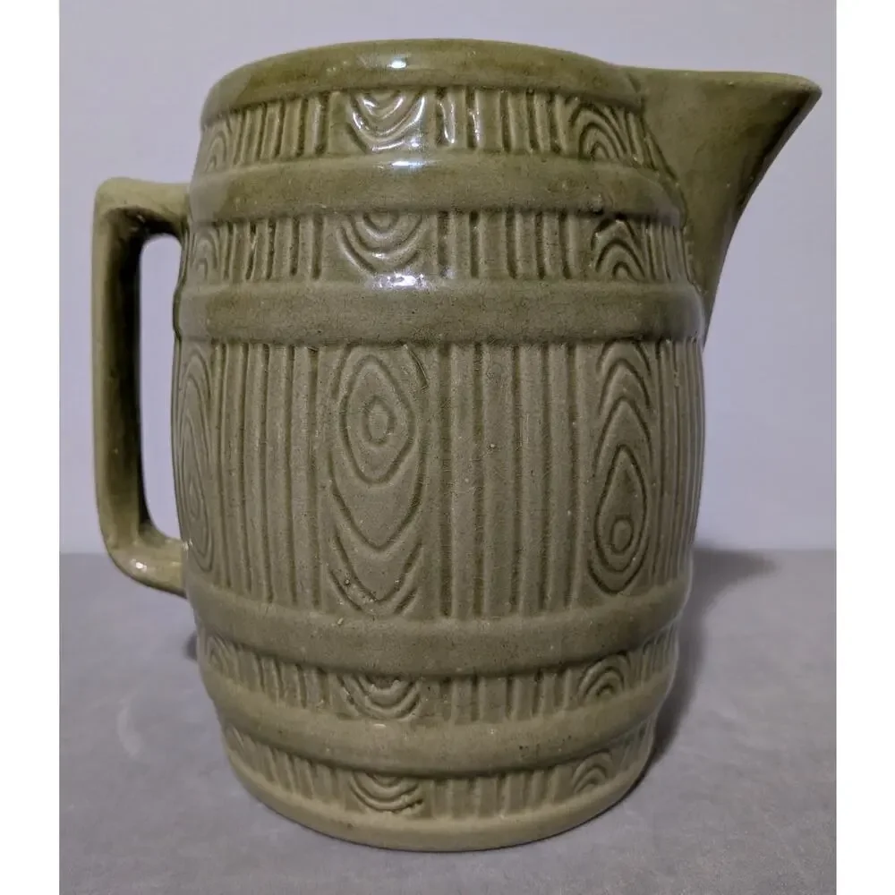 Vintage McCoy Pottery Green Barrel Pitcher Mid Century Stoneware Cider Jug 7.5